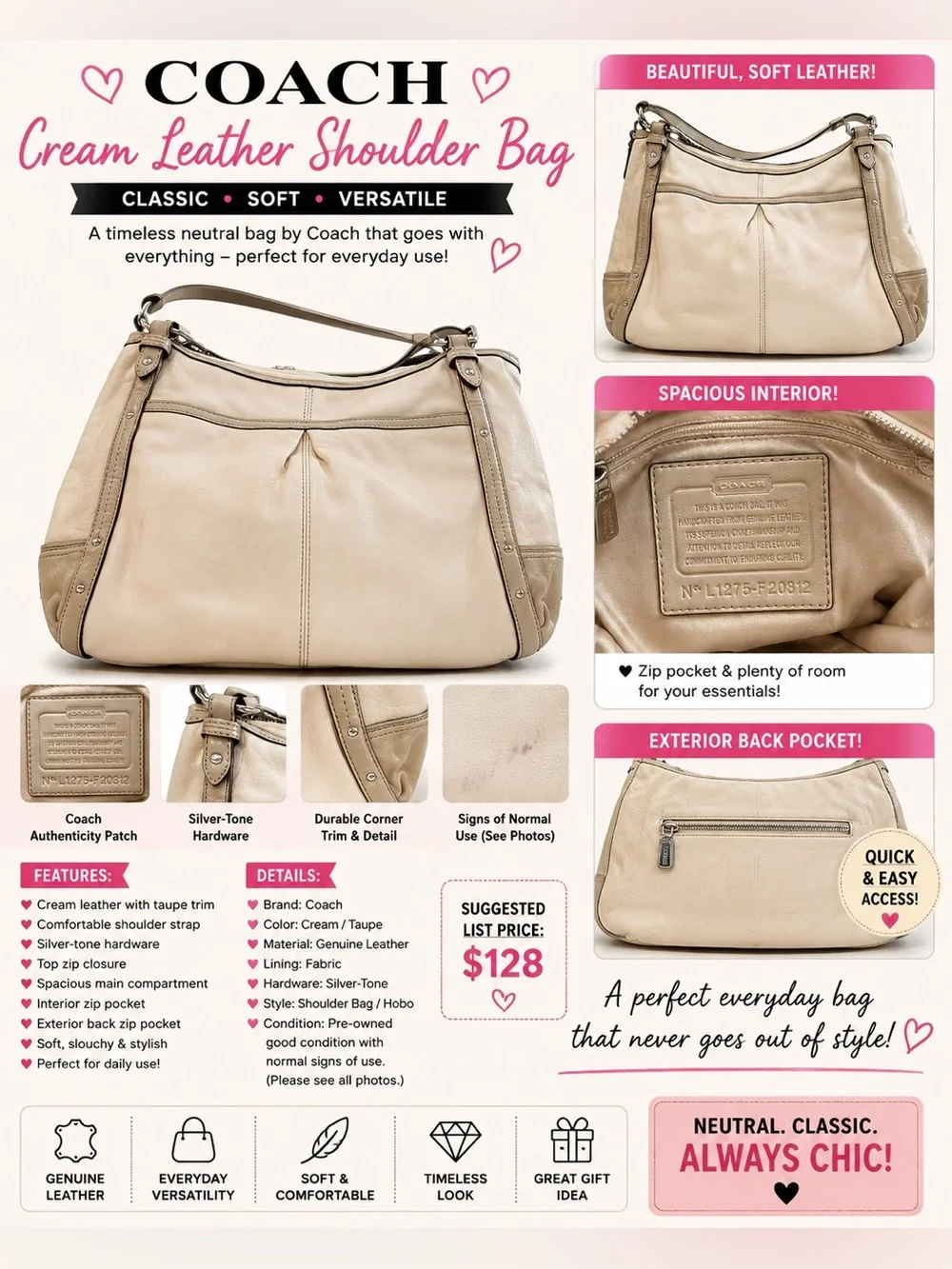 Coach Cream Ivory Genuine Leather Hobo Shoulder Bag F20812